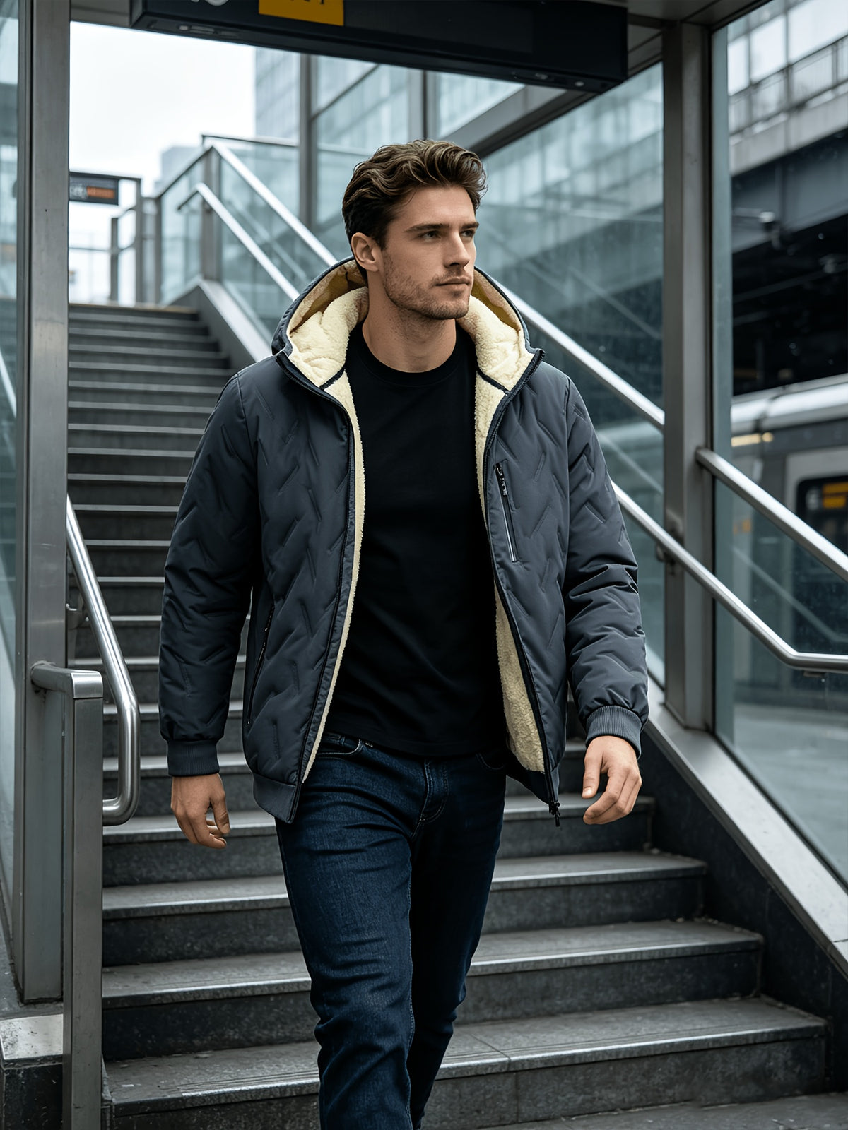 Veste matelassée pour homme, polaire, à capuche, gris
