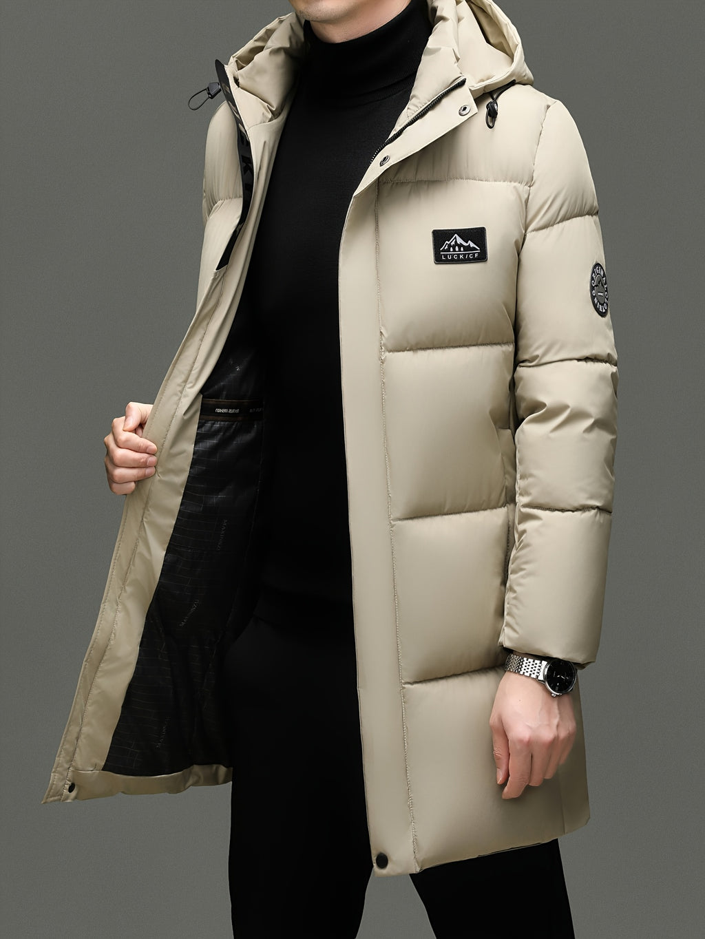 Manteau matelassé long pour homme, à capuche, noir