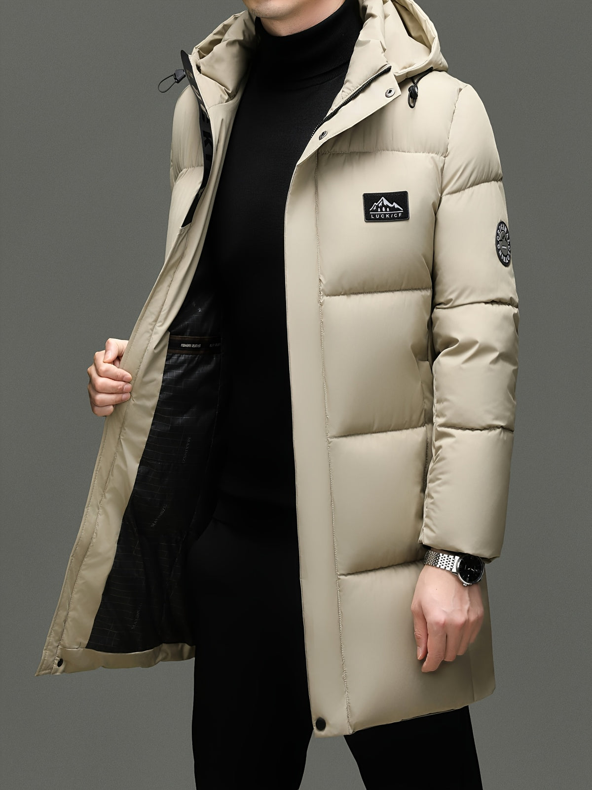 Manteau matelassé long pour homme, à capuche, noir