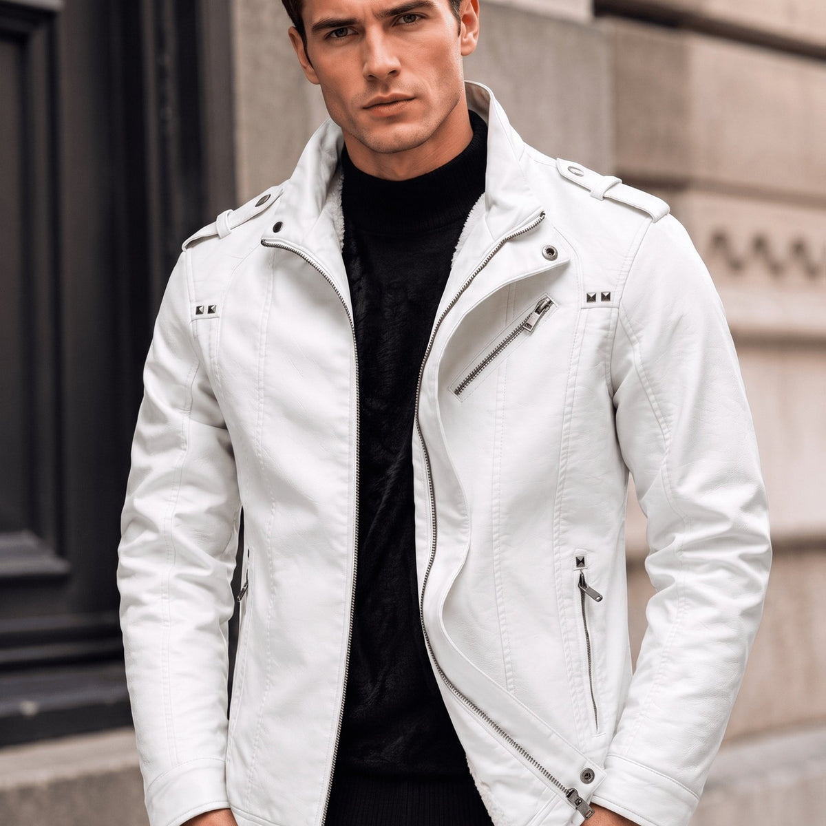 Veste en cuir PU longue, à col montant, coloris blanc, détail Image