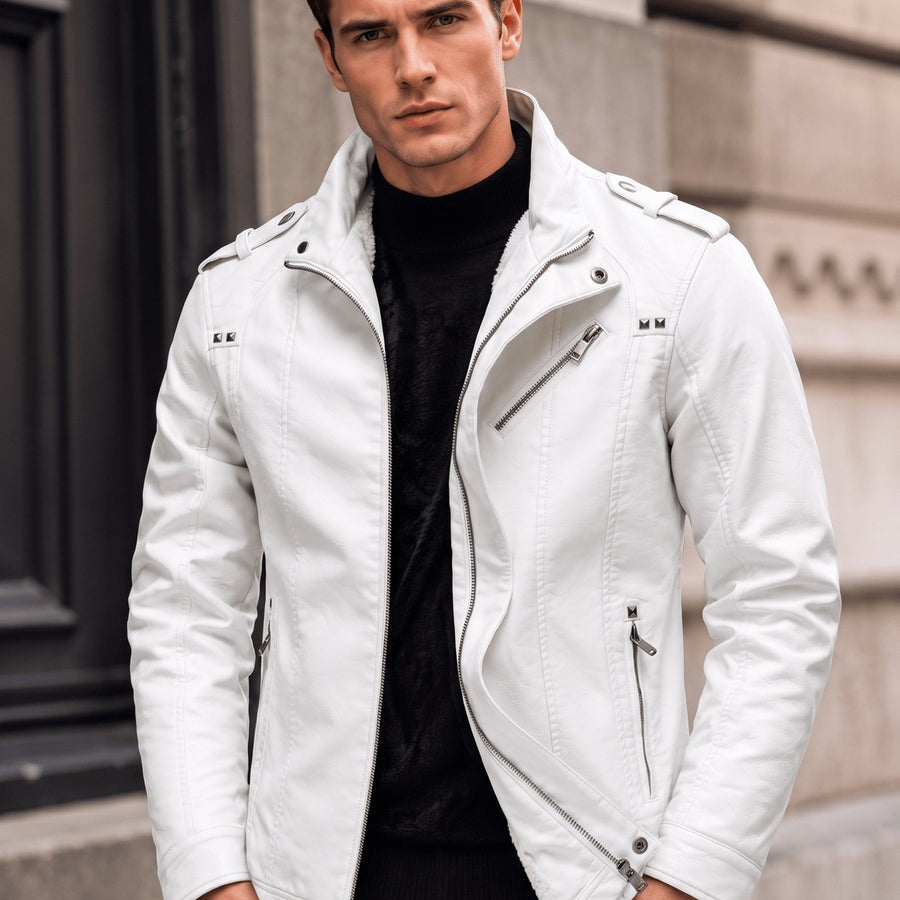 Veste en cuir PU longue, à col montant, coloris blanc, détail