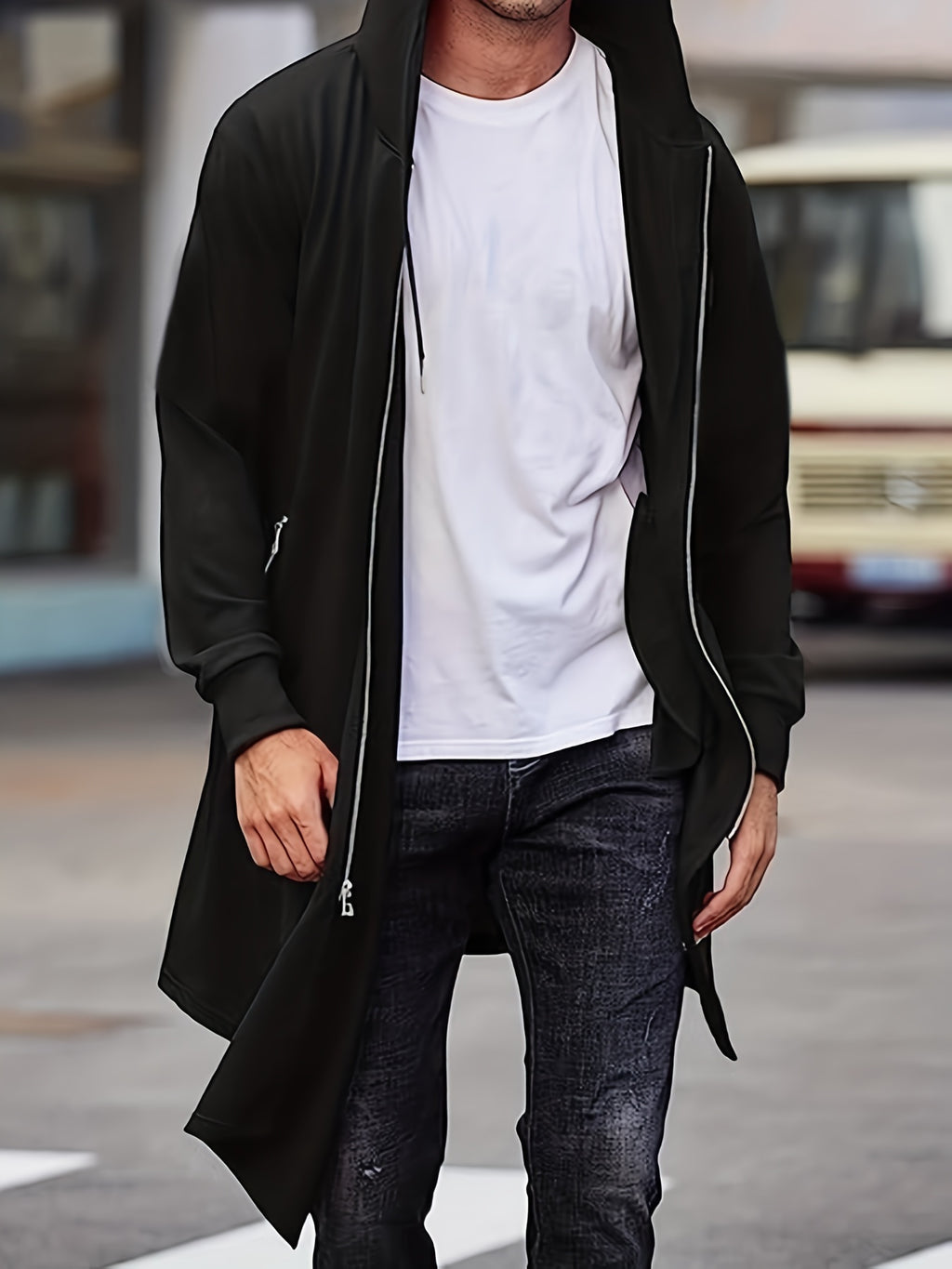 Manteau long pour homme, grandes tailles, à capuche, noir