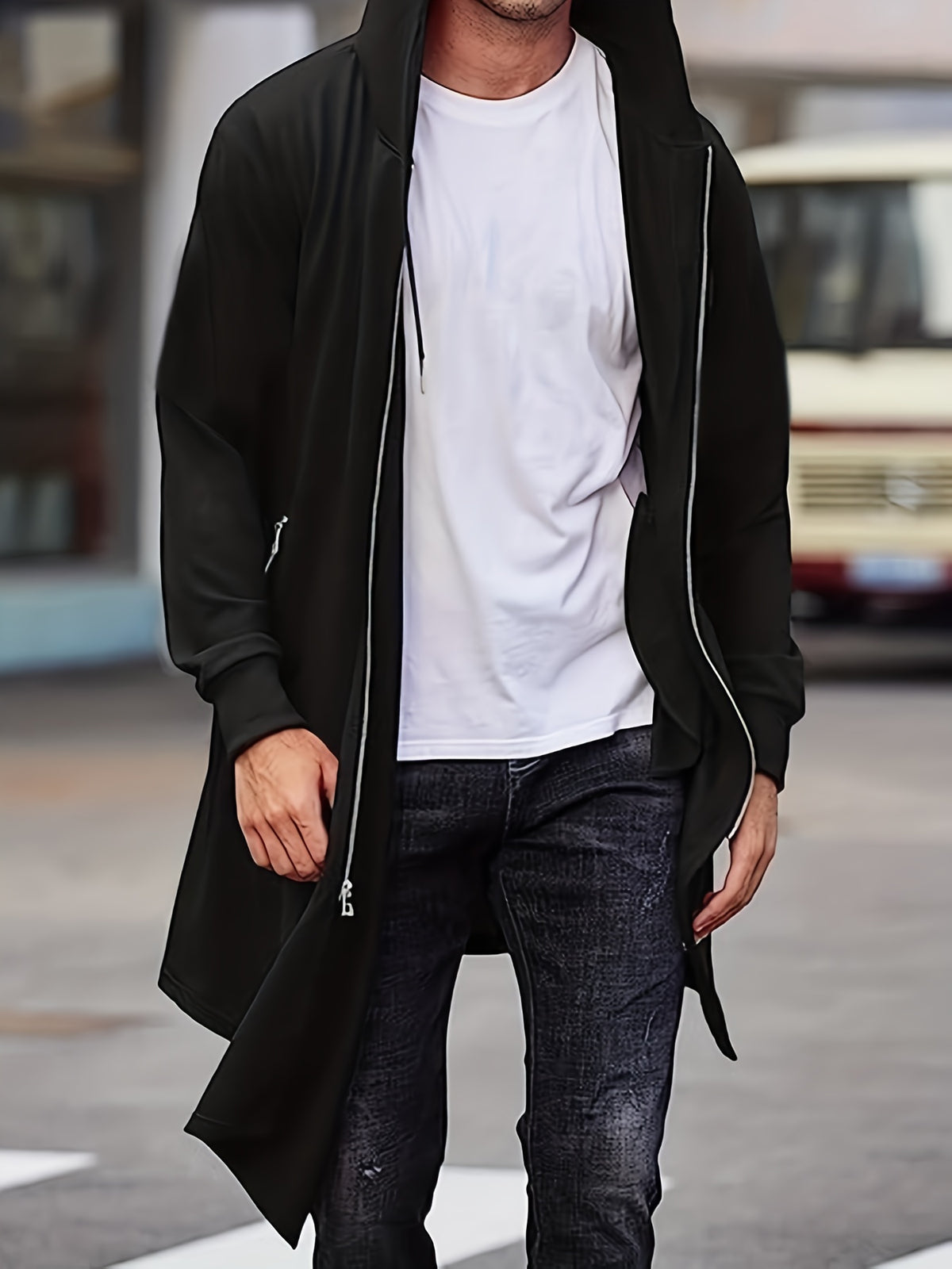 Manteau long pour homme, grandes tailles, à capuche, noir