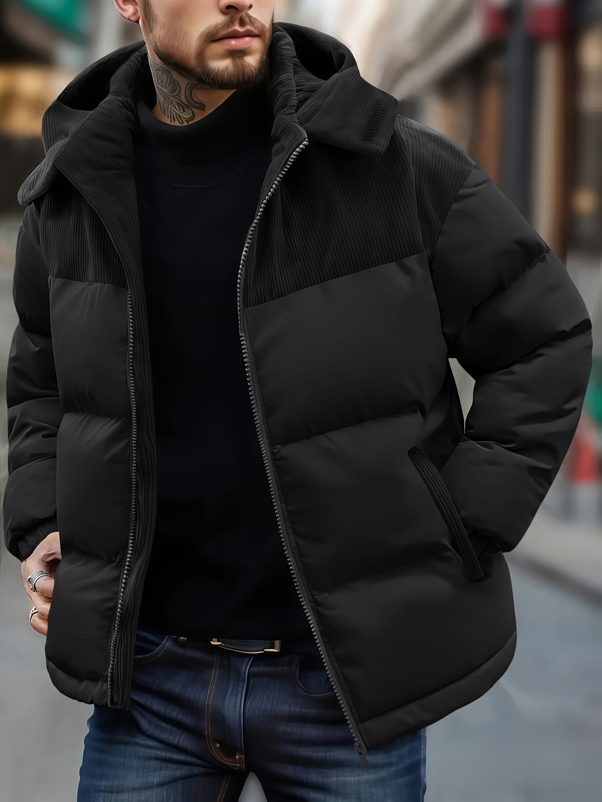 Manteau matelassé pour homme, capuche amovible, brun