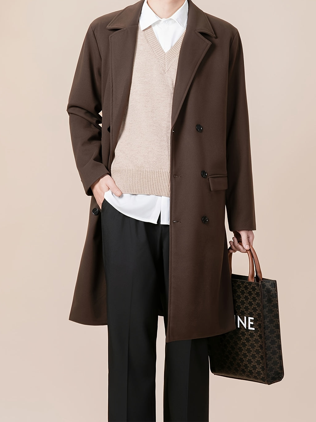 Trench pour homme, tweed, à revers, gris foncé