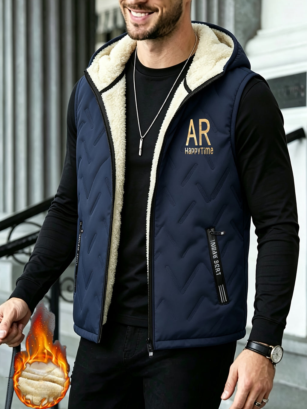 Gilet épais sans manches à capuche doublé, tendance automne/hiver, vêtement d'extérieur chaud, cardigan à capuche zippé à la mode et polyvalent, pour l'extérieur et la randonnée, la course et le fitness, les voyages et le sport, cade, détail du vêtement