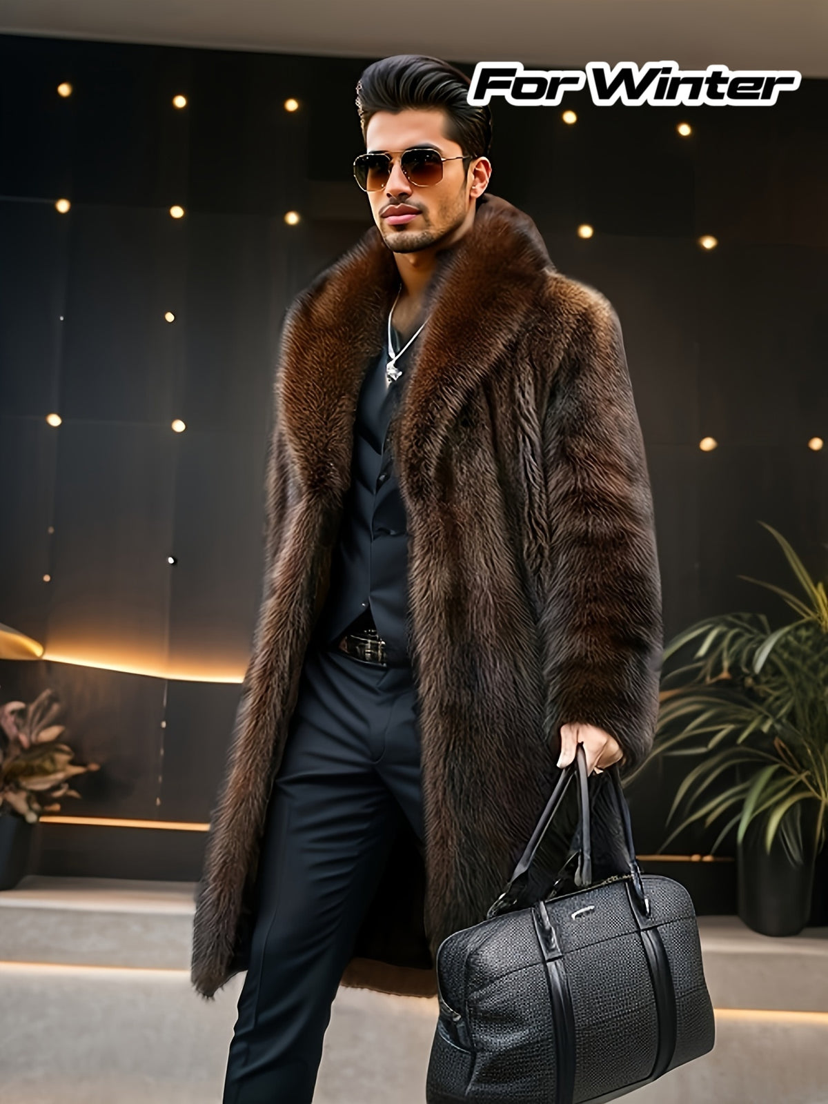 Manteau en fausse fourrure mi-long pour homme, à revers, mi-long