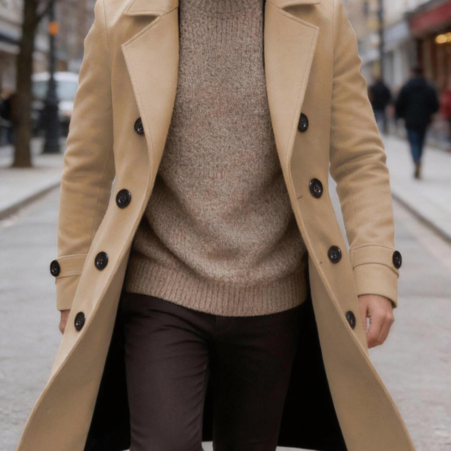 Manteau long, tweed, à revers, gris foncé, coloris kaki, détail