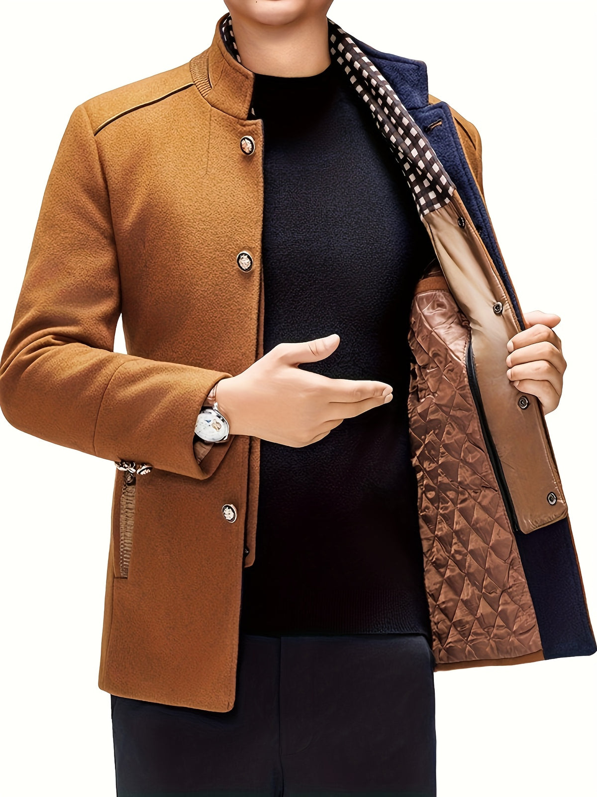 Manteau en tweed rembourré pour homme, 55 % laine, écharpe amovible
