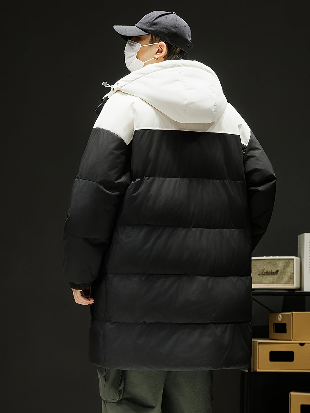 Manteau matelassé pour homme, à capuche, noir et blanc