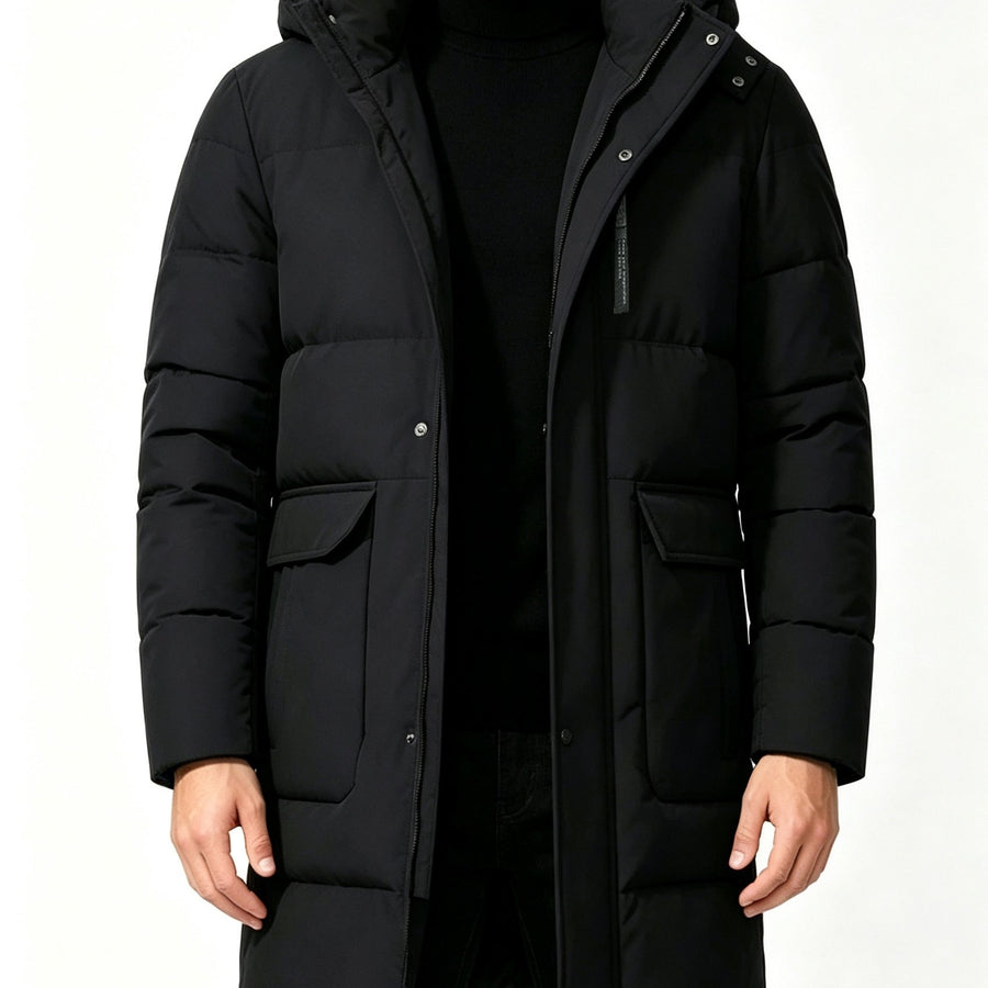 Pardessus matelassé long, à capuche, coloris noir