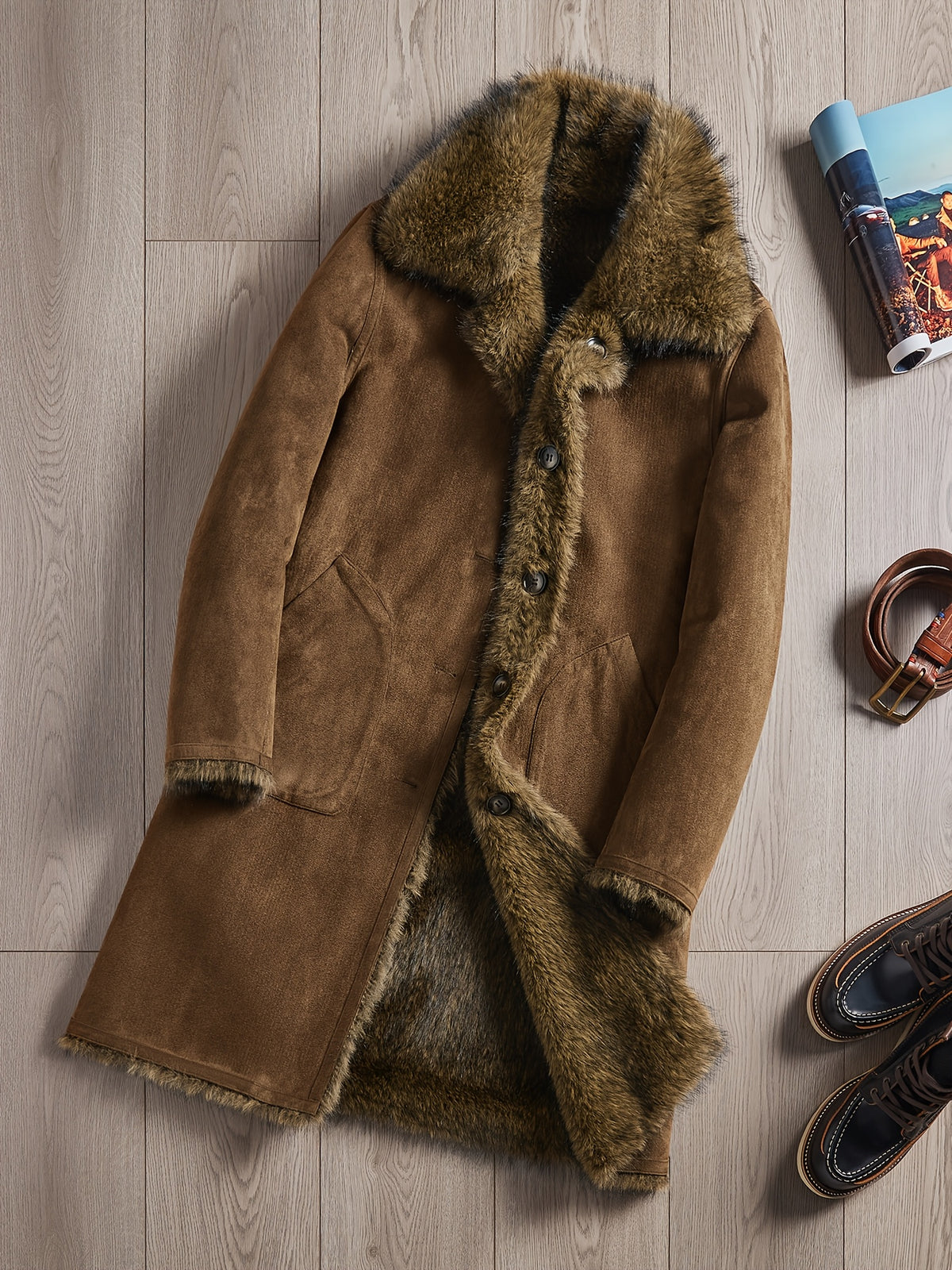 Manteau en fausse fourrure long pour homme, à revers