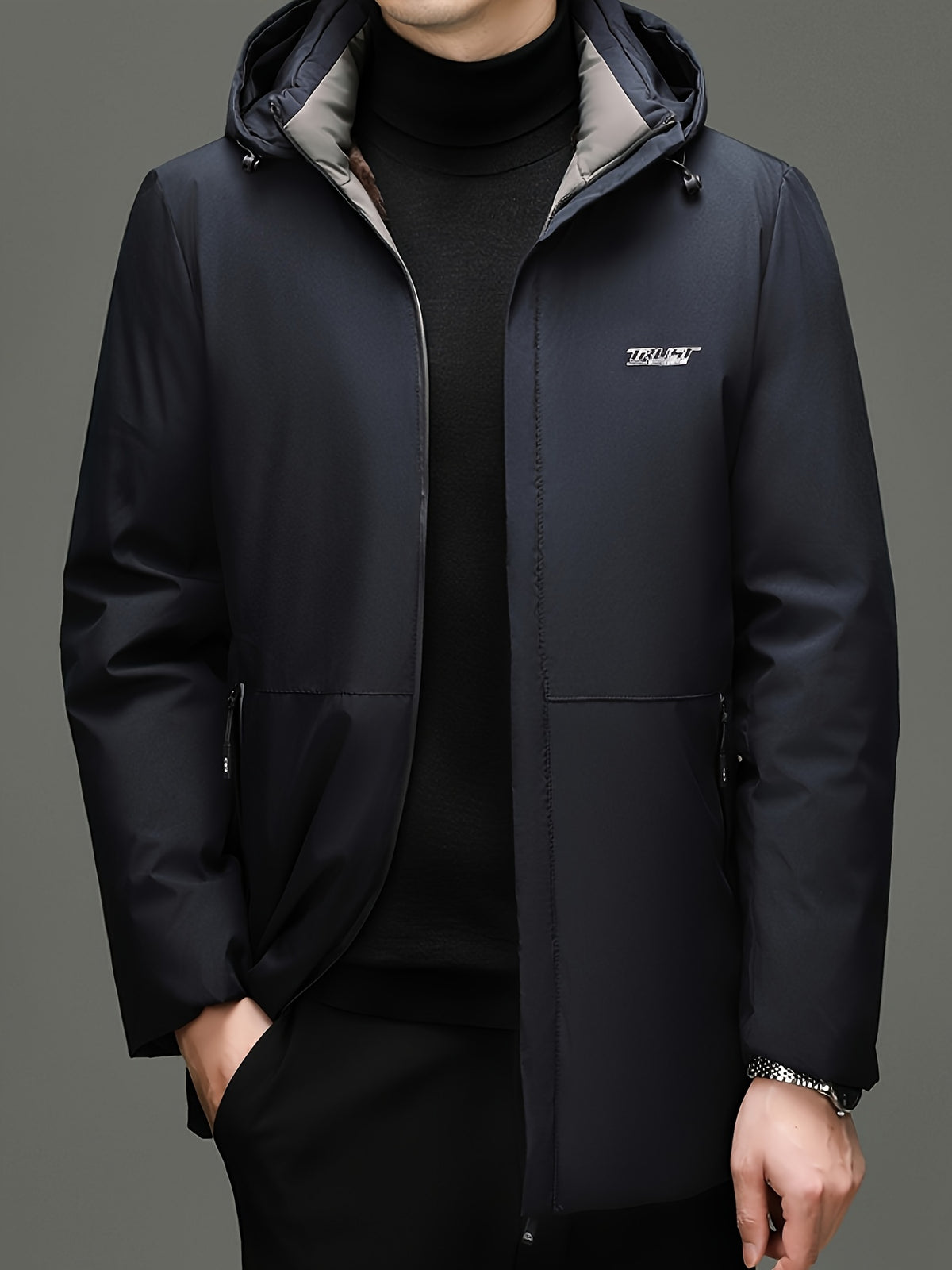 Manteau pour homme, capuche amovible, bleu marine