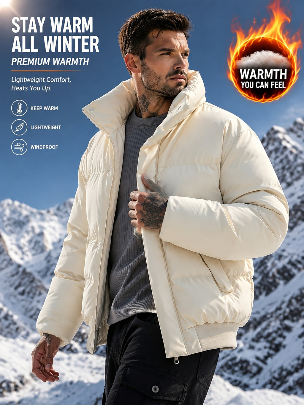 Manteau matelassé pour homme, coupe-vent, à revers, abricot