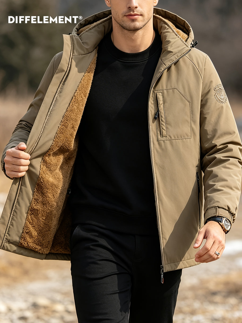 Veste pour homme, coupe-vent, à capuche, vert foncé