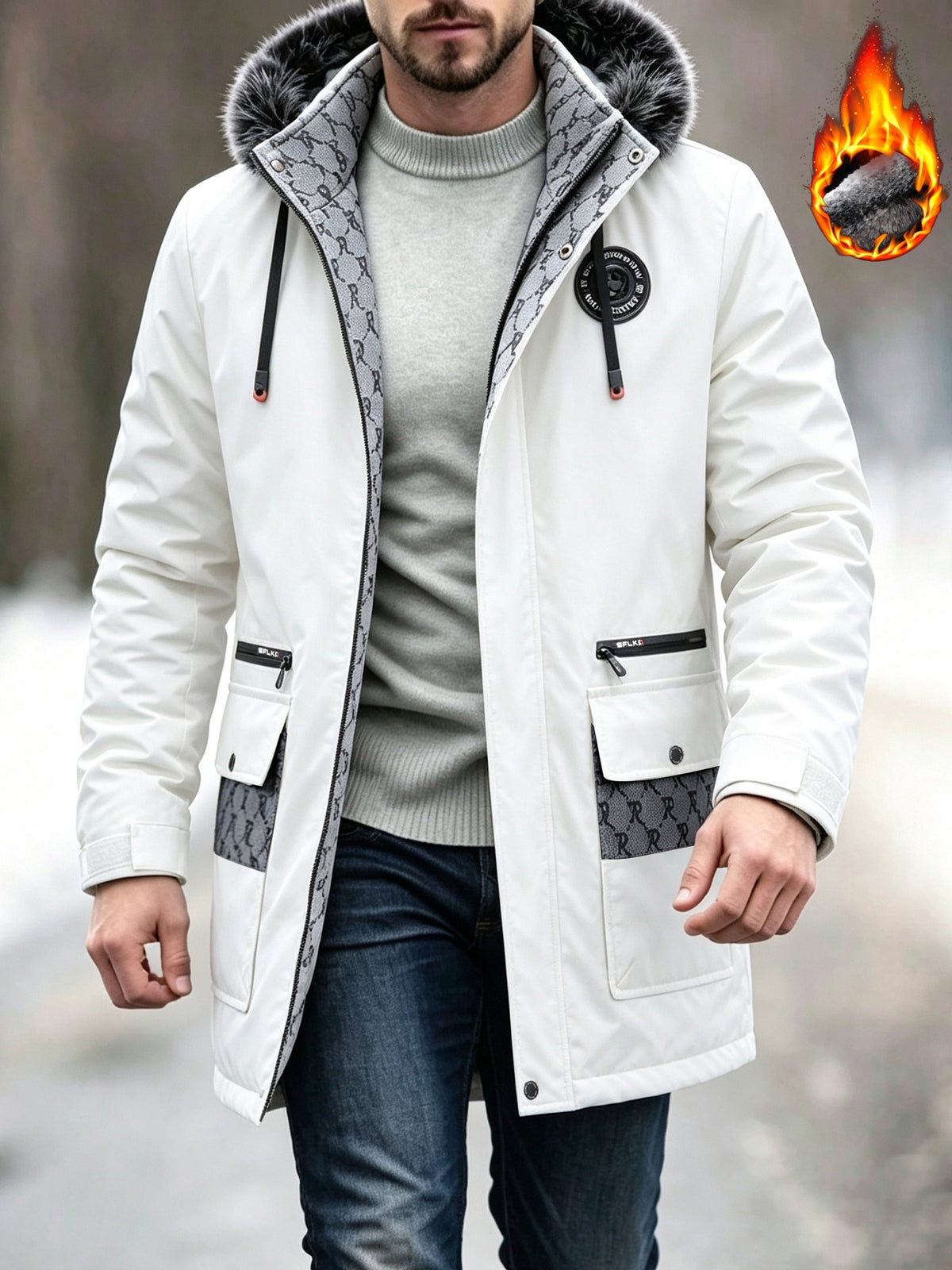 Veste en fausse fourrure long pour homme, à capuche