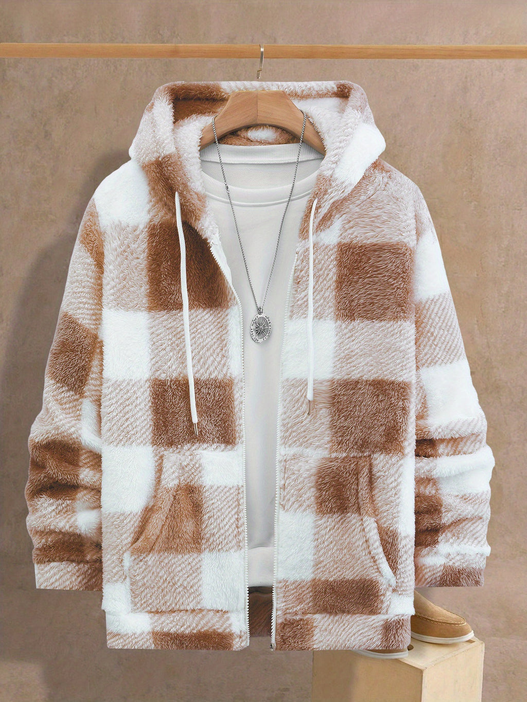 Veste pour homme, polaire, à capuche, carreaux noir et blanc