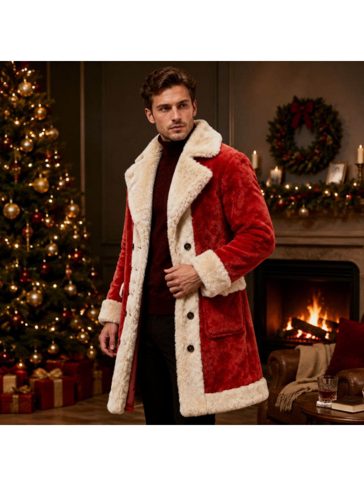Manteau en fausse fourrure mi-long pour homme, à revers