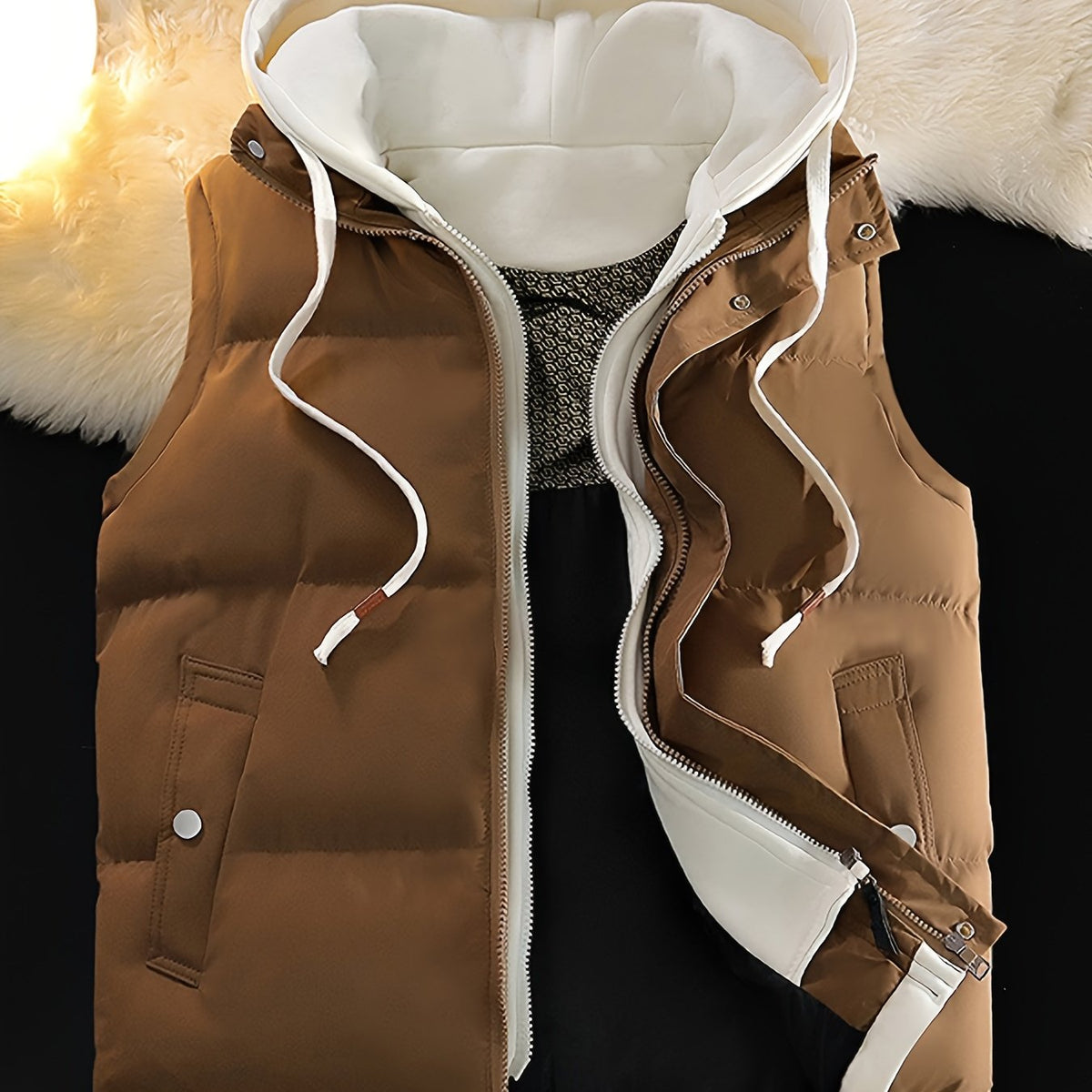Gilet d'hiver chaud, design tendance sans manches aspect 2-en-1, capuche à cordon de serrage réglable, fermeture avant double ouverture par boutons-pression et fermeture éclair, poche de rangement pratique à insertion latérale, détails de bordu, coloris couleur café, détail Image