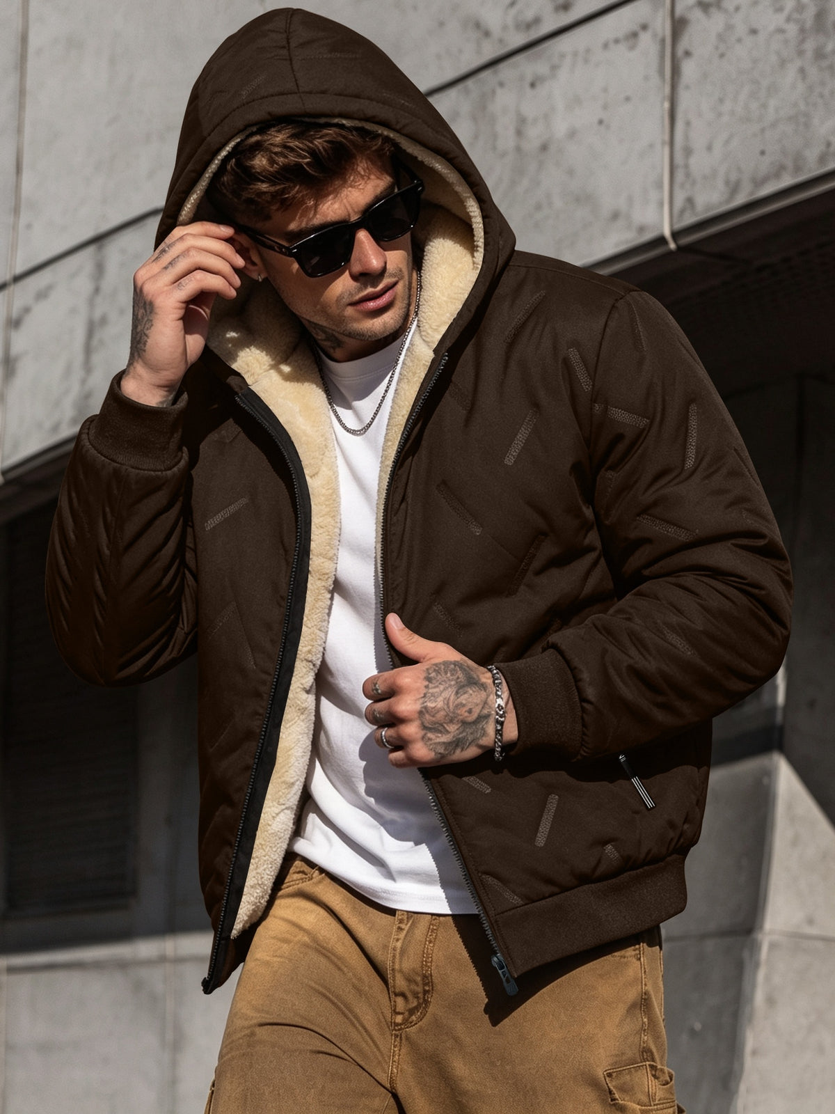 Veste matelassée pour homme, coupe-vent, à capuche, café