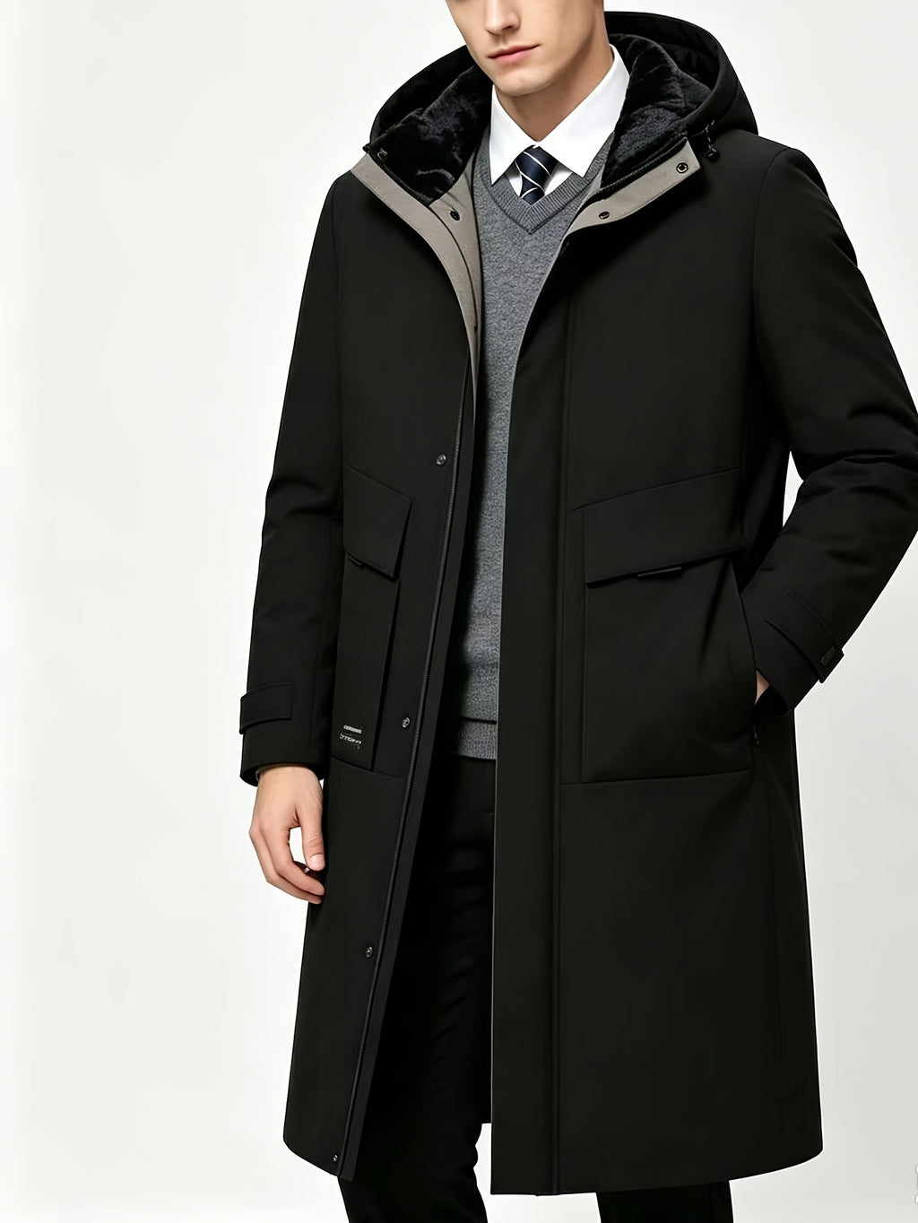 Manteau long pour homme, à capuche, gris clair