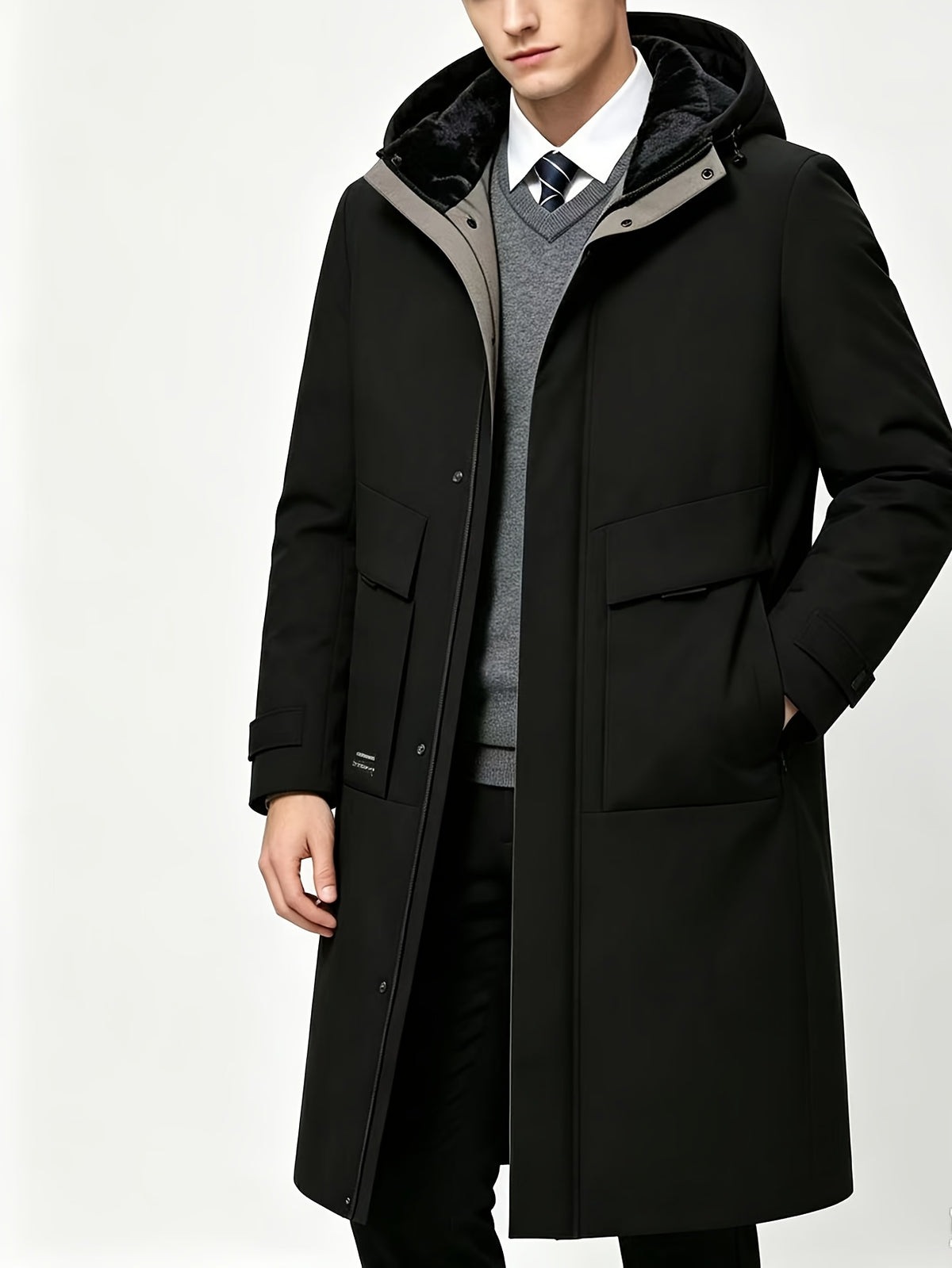 Manteau long pour homme, à capuche, gris clair