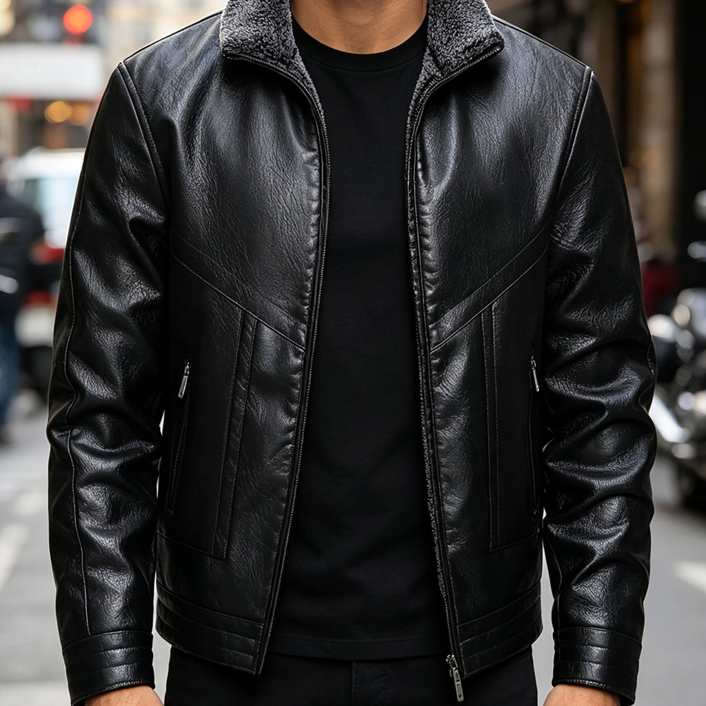 Veste en cuir PU, polaire, à revers, coloris noir