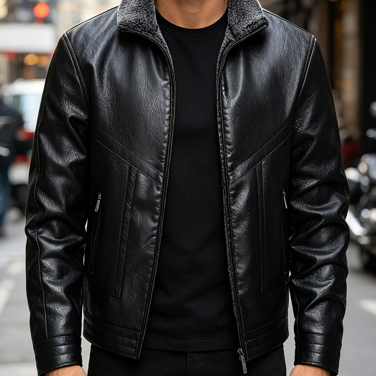 Veste en cuir PU, polaire, à revers, coloris noir Image