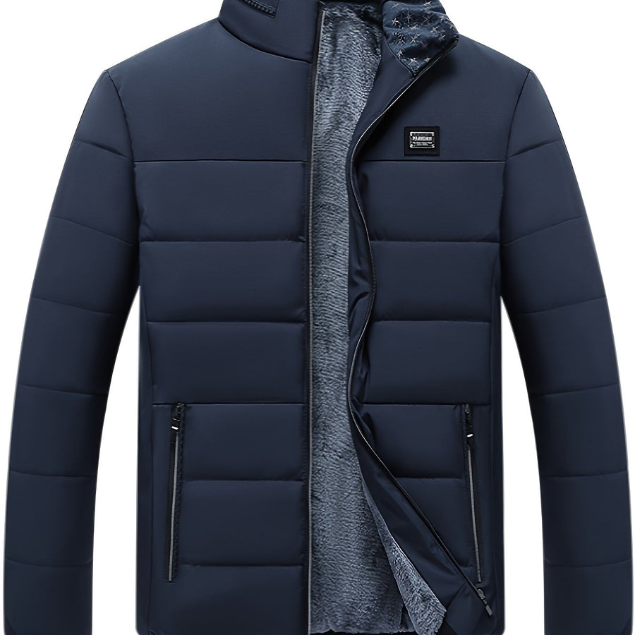 Manteau matelassé, velours, à col montant, coloris bleu marine, détail