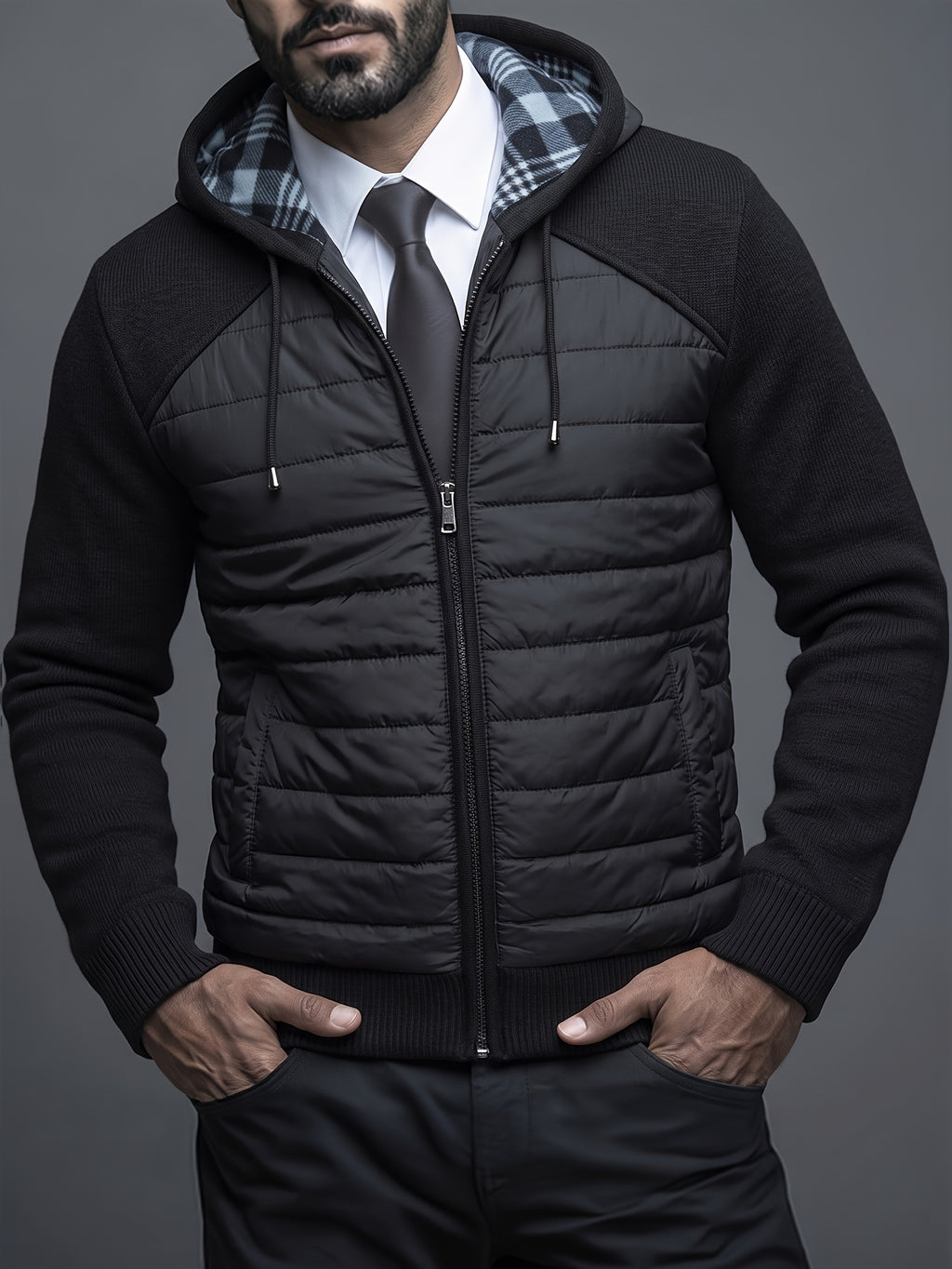 Manteau matelassé long pour homme, patchwork, à capuche