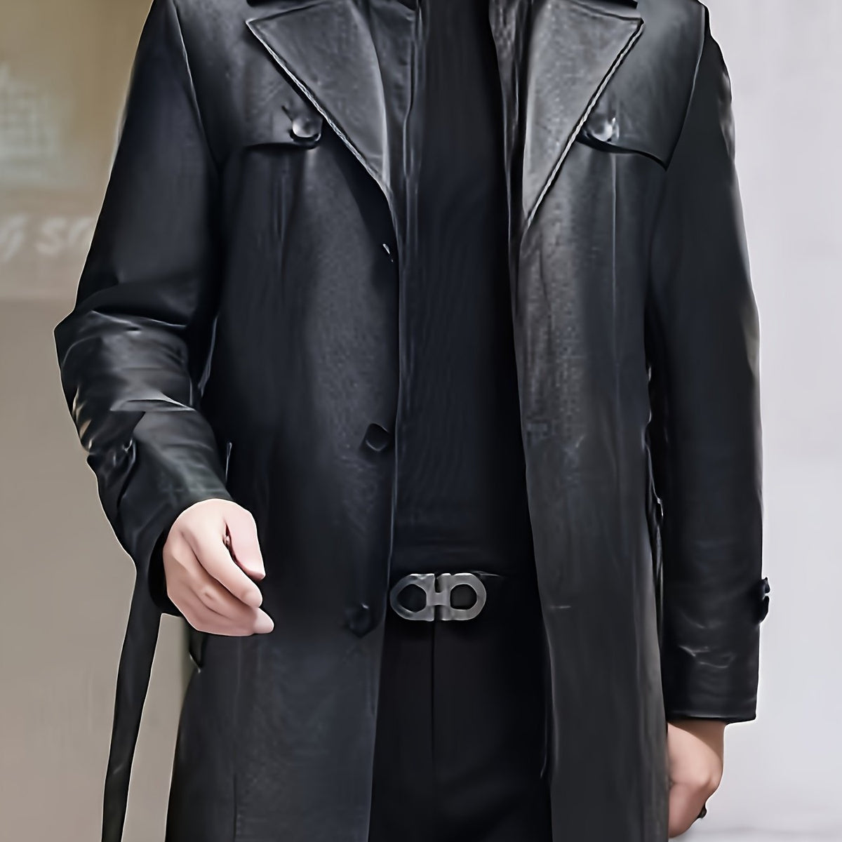 Veste Trench Homme Grande Taille, Manteau en PU, Longueur Moyenne, Décontracté, Sortie, Chaud, Style Hiver Profond, coloris noir, détail Image