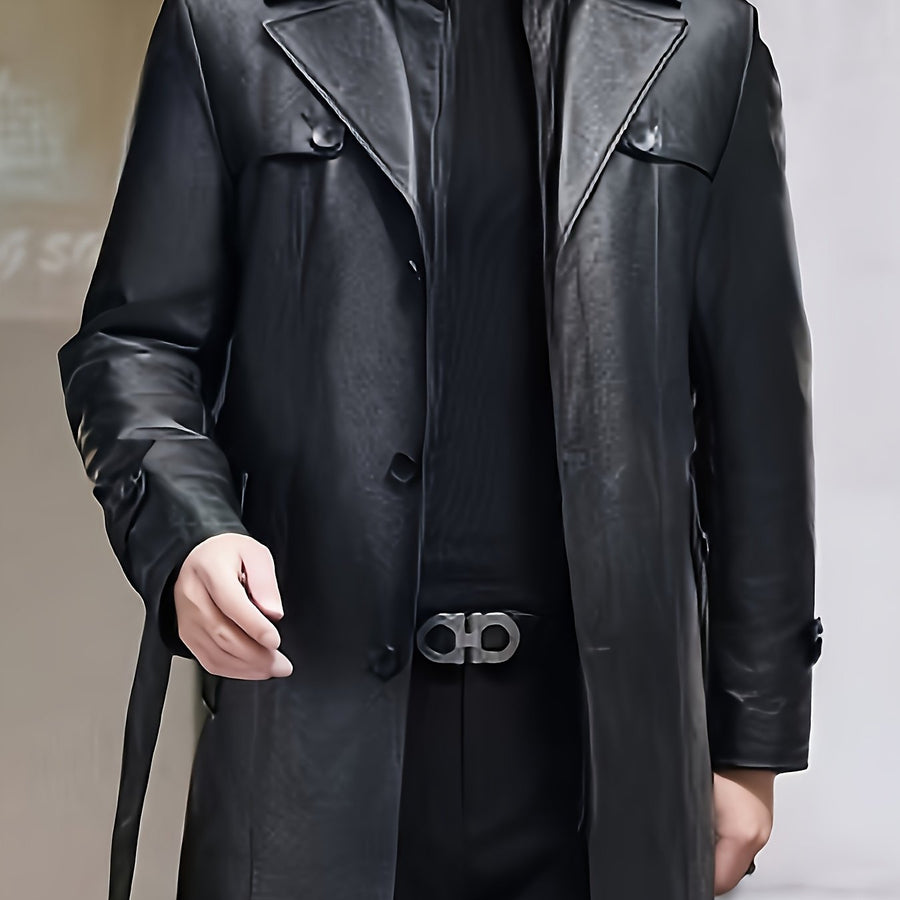 Veste Trench Homme Grande Taille, Manteau en PU, Longueur Moyenne, Décontracté, Sortie, Chaud, Style Hiver Profond, coloris noir, détail
