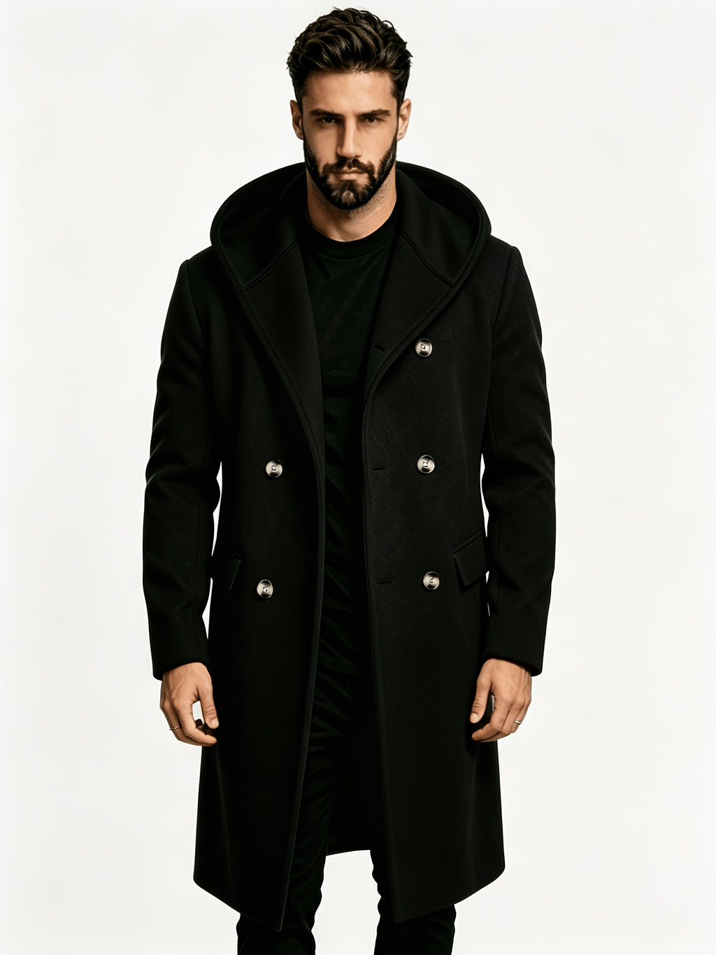 Manteau mi-long pour homme, tweed, à capuche