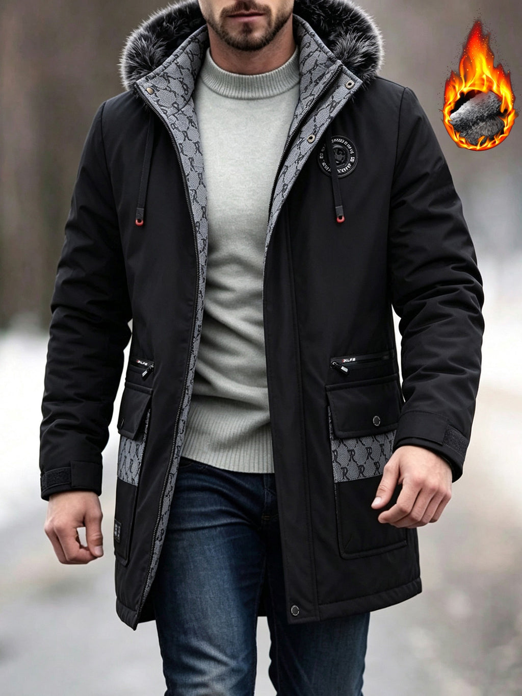 Veste en fausse fourrure long pour homme, à capuche