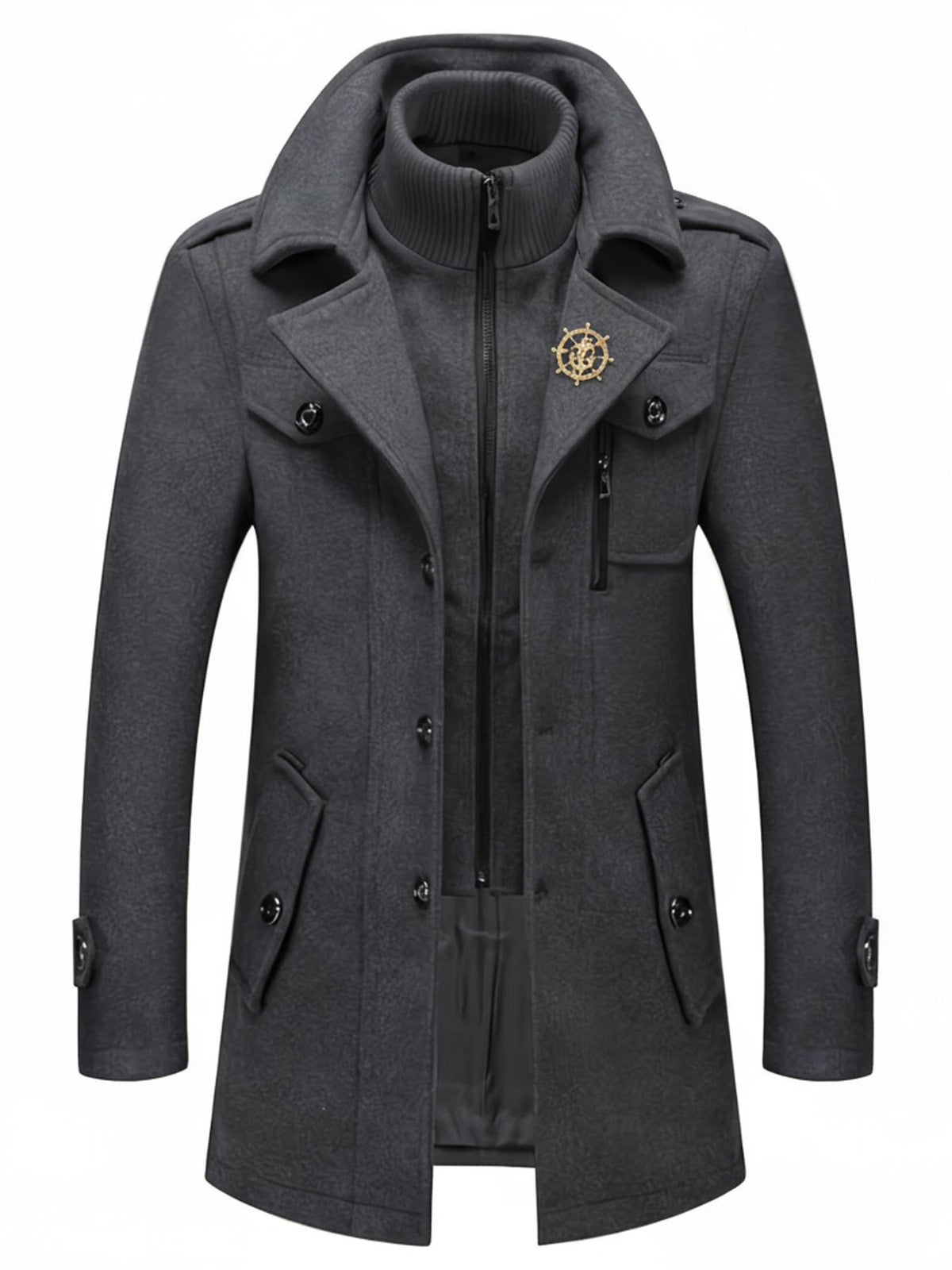 Manteau mi-long en laine pour homme, double col, fermeture éclair