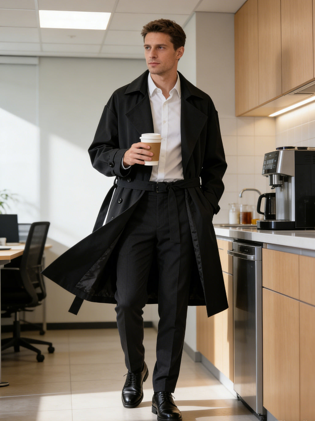 Trench mi-long pour homme, à revers, mi-long