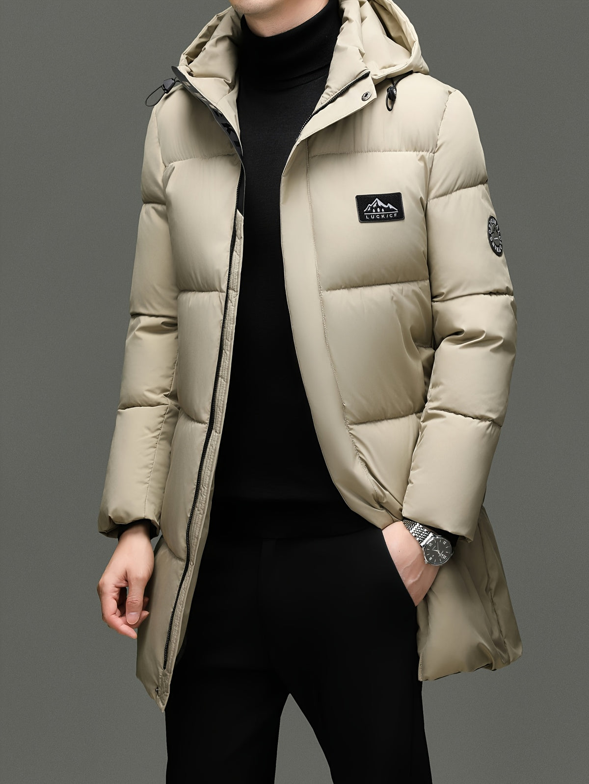 Manteau matelassé long pour homme, à capuche, noir
