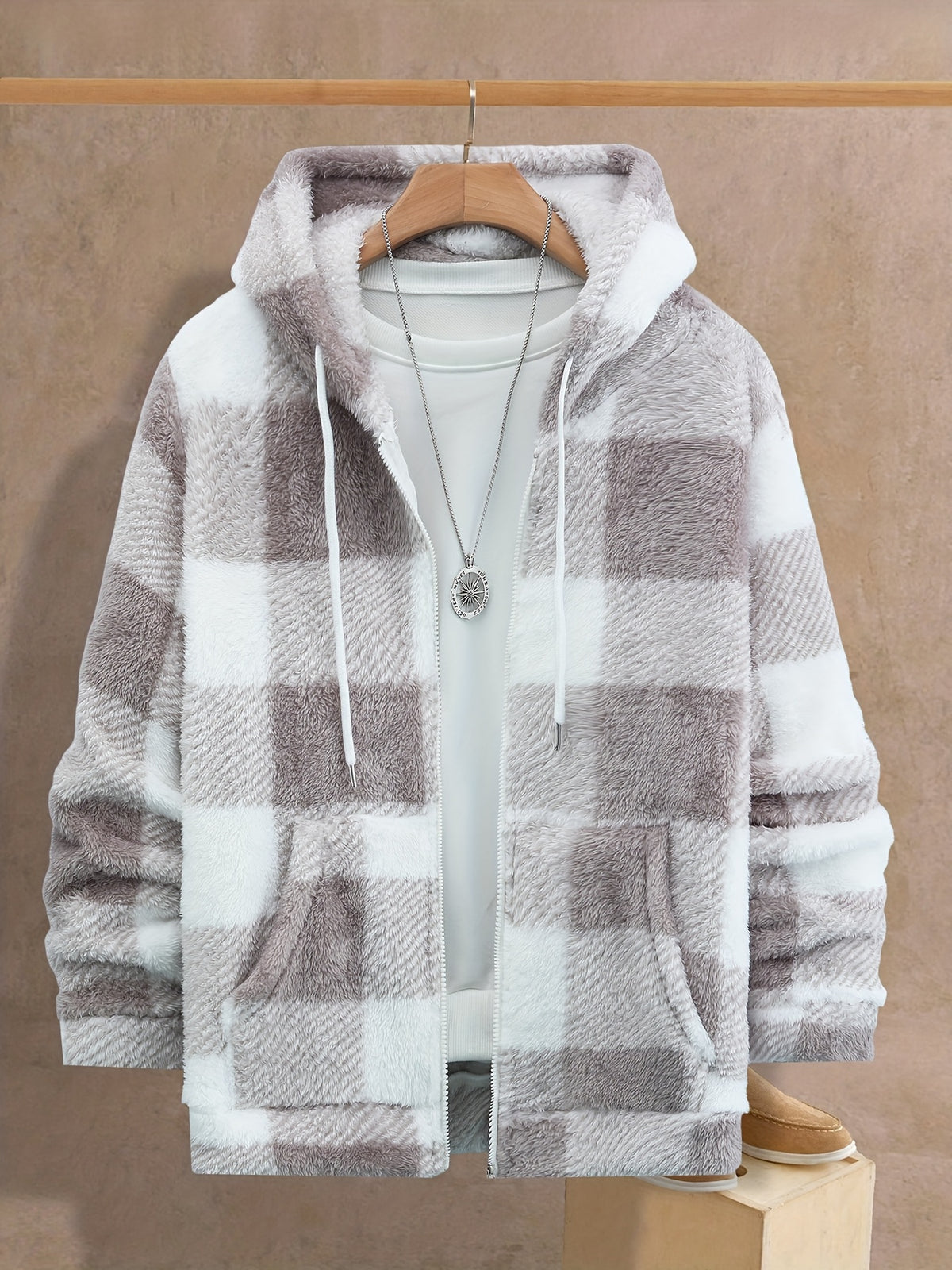 Veste pour homme, polaire, à capuche, carreaux noir et blanc