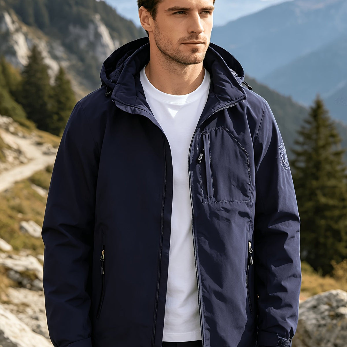 Veste longue, coupe-vent, à capuche, bleu marine, coloris bleu marine, détail Image