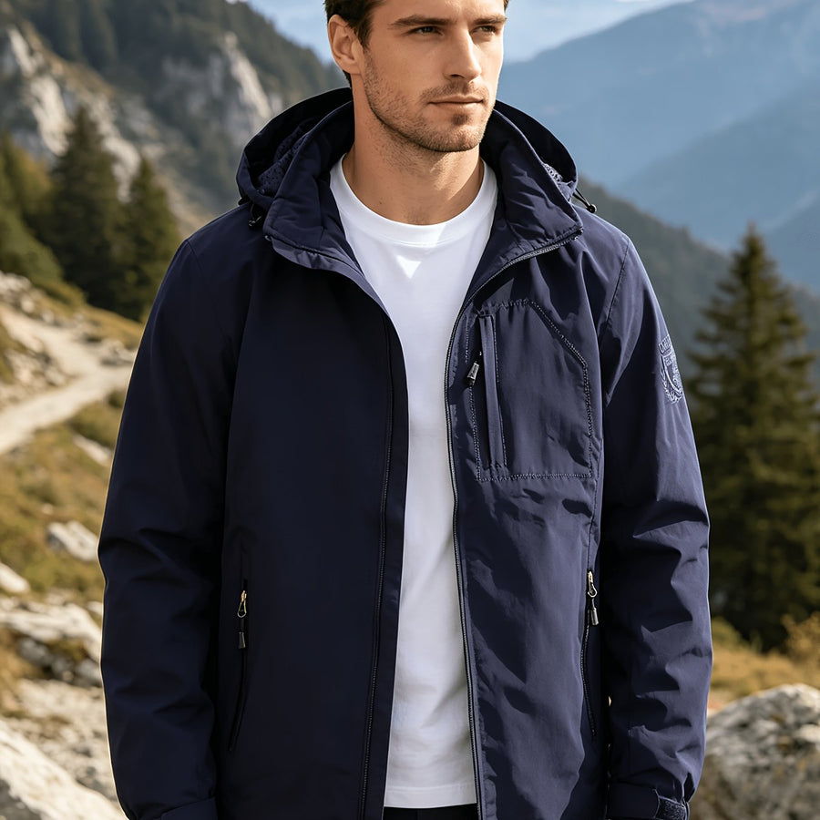 Veste longue, coupe-vent, à capuche, bleu marine, coloris bleu marine, détail