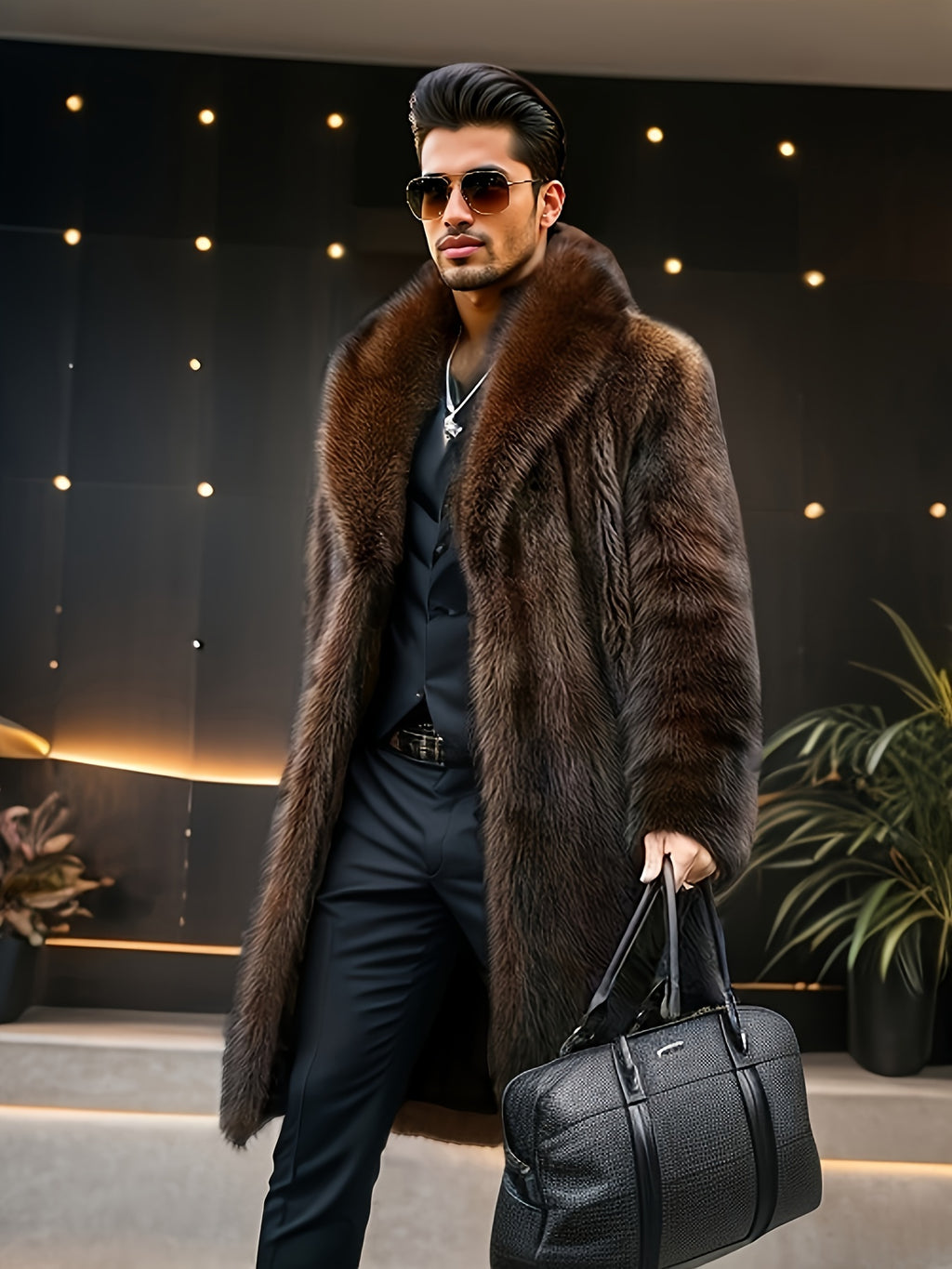 Manteau en fausse fourrure mi-long pour homme, à revers, mi-long