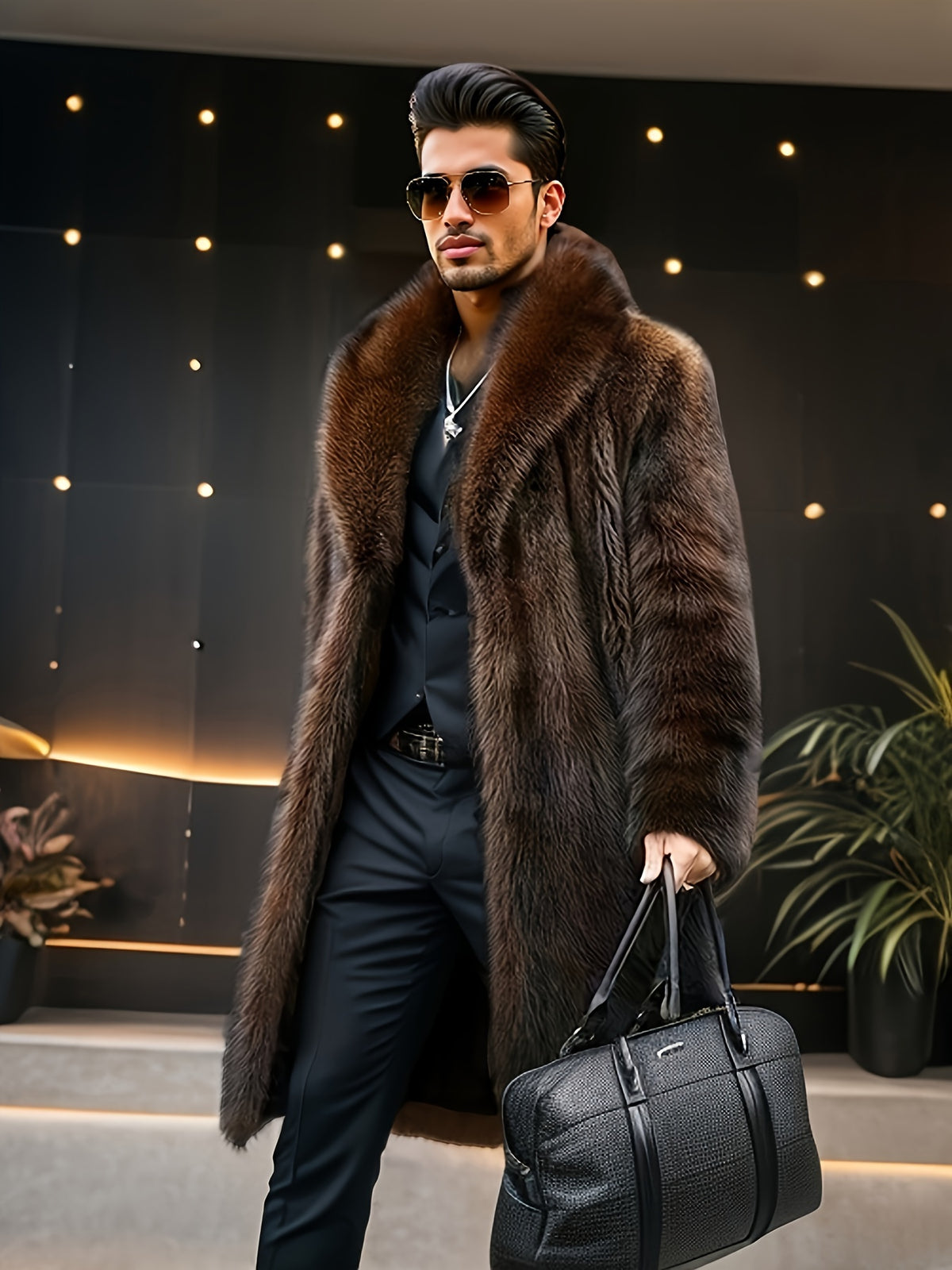 Manteau en fausse fourrure mi-long pour homme, à revers, mi-long