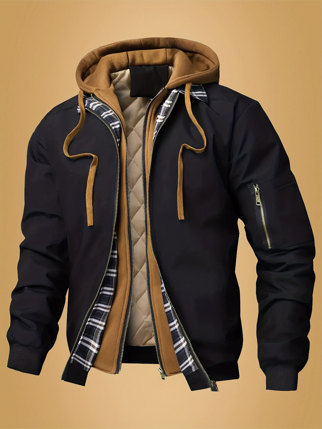 Veste pour homme, à carreaux, à capuche, kaki