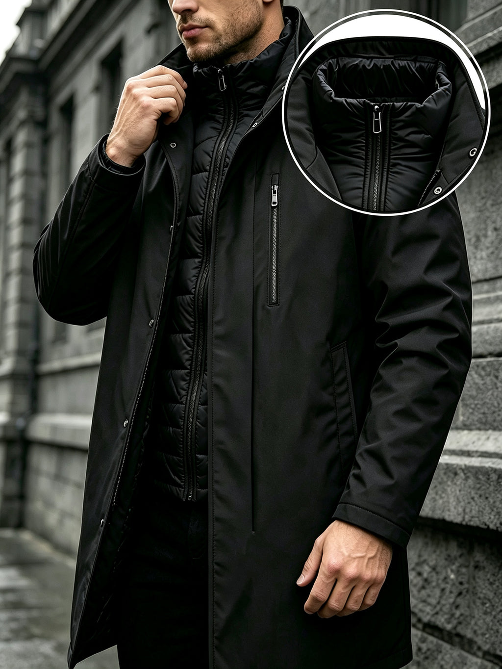 Manteau matelassé long pour homme, à col montant