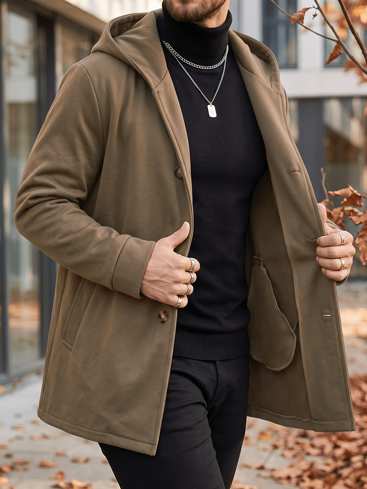 Manteau long pour homme, à capuche, kaki