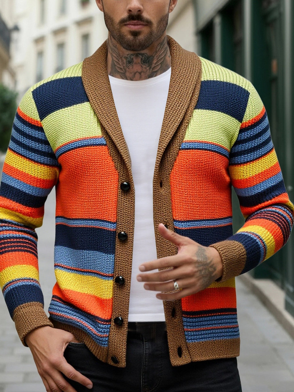 Manteau pour homme, à rayures, à col montant