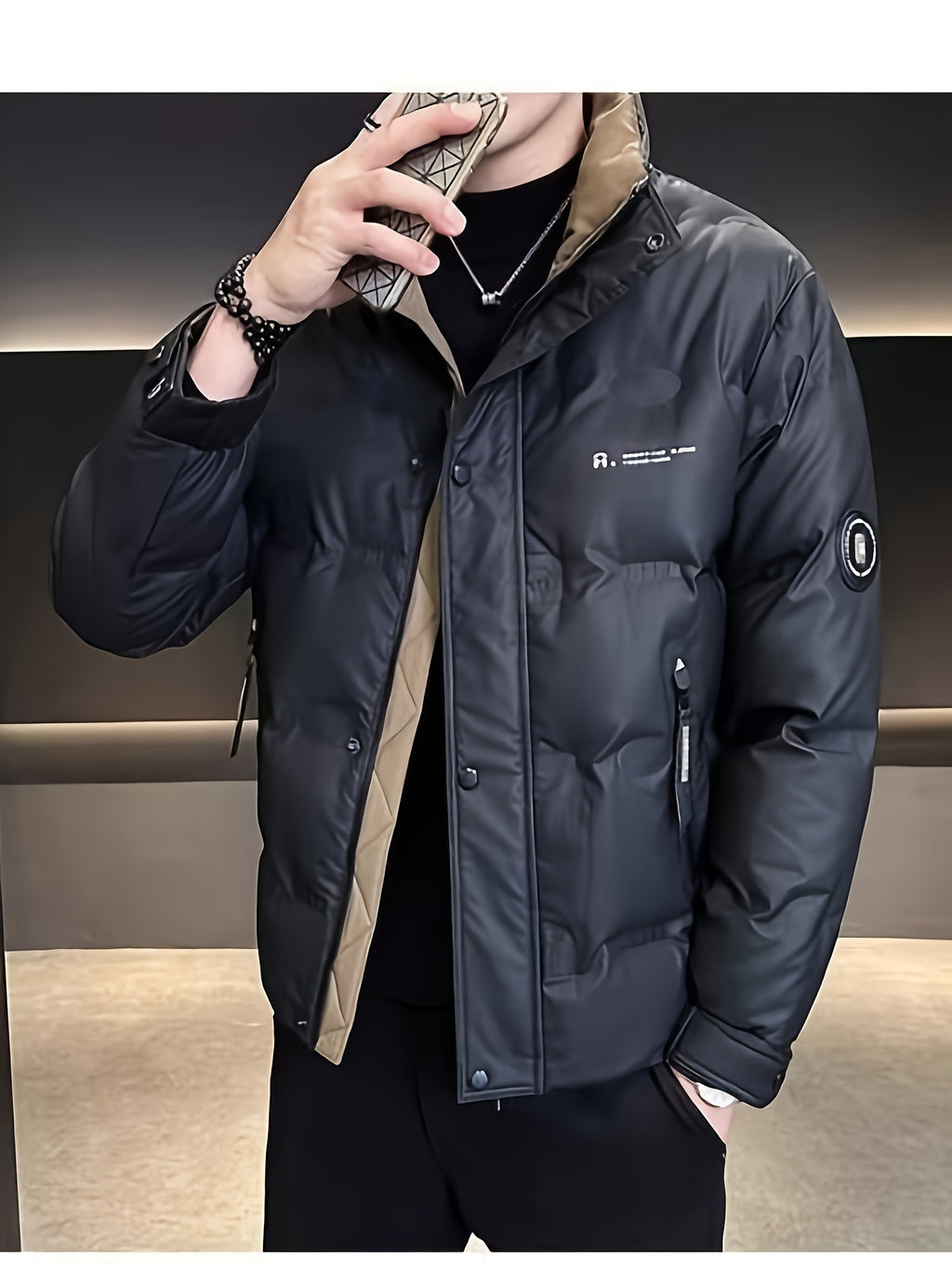 Manteau pour homme, à col montant, gris clair
