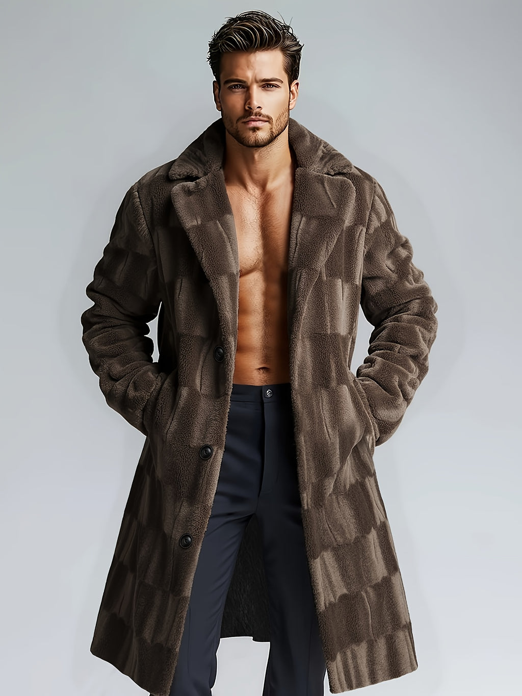 Veste pour homme, polaire, à revers, plaid café