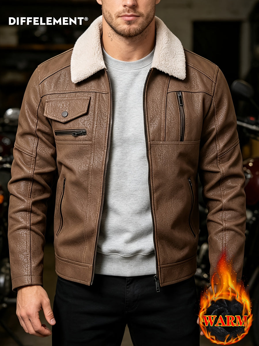 Veste de moto en PU pelucheux avec doublure à revers, doublure épaisse et chaude, tissu à texture vintage, multiples poches à fermeture éclair, coupe slim courte, tenue décontractée américaine pour la conduite et les trajets automne/hiver, vête