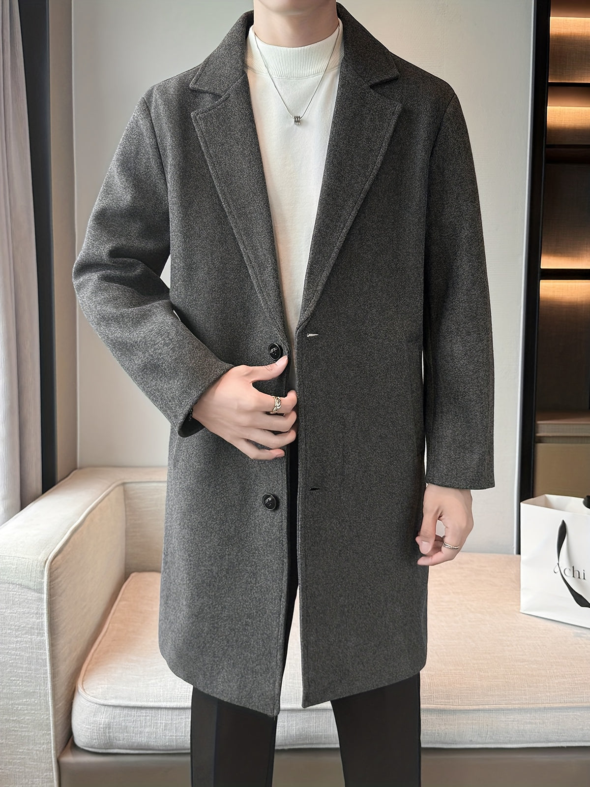 Trench mi-long pour homme, à revers, café